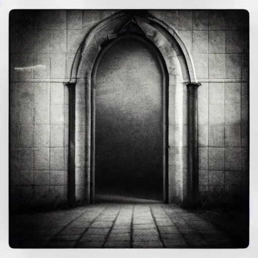 Image similar to dark old picture of a realistic gateway to hell, black and white, pictorialism