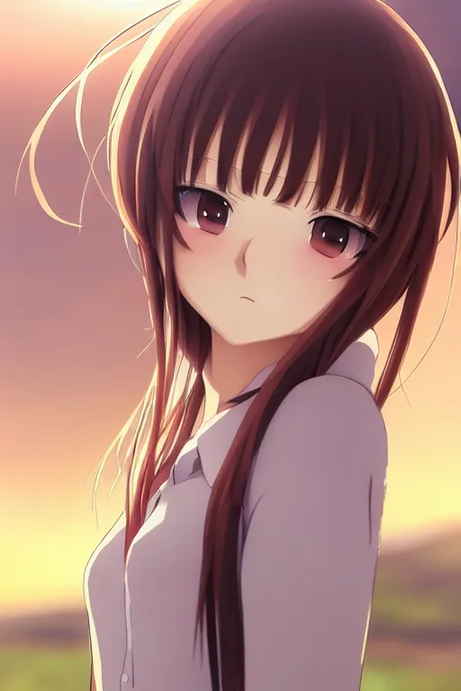Prompt: anime art full body portrait character concept art, anime key visual of elegant young female, brown hair straight bangs and large eyes, finely detailed perfect face delicate features directed gaze, laying down and touching grass at sunset in a valley, trending on pixiv fanbox, studio ghibli, extremely high quality artwork