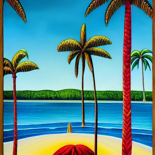 Prompt: a ultradetailed beautiful painting of amazonas beach by tarsila do amaral, major arcana sparkles sky, dougherty patrick, trending on artstation, mediterranean, palm trees, light refracted lines and sparkles, major arcana sky, sharp focus, soft light