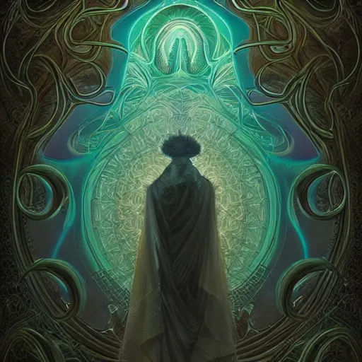 Prompt: faceless, shaman, cultist, lovecraftian, surreal, shrouded figure, powerful being, plant spirit, fractal entity, spirit guide, light being, pearlescent, shiny, glowing, ascending, beautiful, subtle pattern, trending on artstation, fractal pattern, sacred geometry by peter mohrbacher, highly detailed, professional art, illustration, cult, sacrificial altar, levitating, perfect symmetry, rendered in octane, unreal engine, biomechanical, fungal god, blurred background, light dispersion, glass skin, fractal skin, eye stalks, overgrown, halo, prismatic halo, muscular, macho pose, spirit warrior, bodybuilder, pearlescent, heavenly, insectoid, insect, mushroom host, mushroom on head