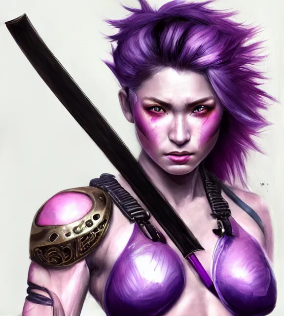 Image similar to muscular female warrior holding hilt of katana, perfect face, diadem, detailed neon tattoos, black halter top, purple hair, abs, cinematic, blush, stunning, athletic, strong, agile, highly detailed, psychedelic, digital painting, artstation, smooth, hard focus, illustration, art by jessica rossier and and brian froud