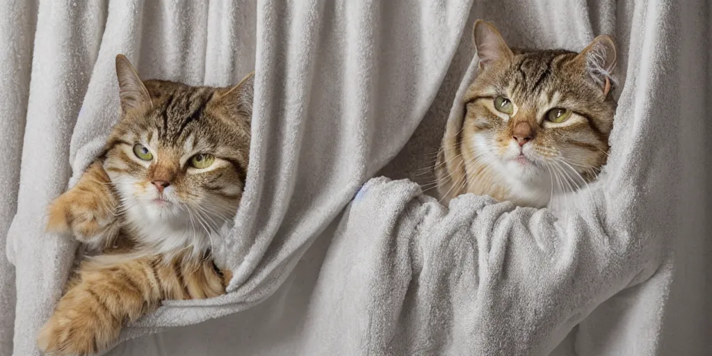 Image similar to shower curtain product catalog. wide - angle photo. on the curtain is an oil painting of a fluffy tabby cat with a towel wrapped around its head, product photography of a shower curtain, product lighting. 4 k, highly detailed. saturated.