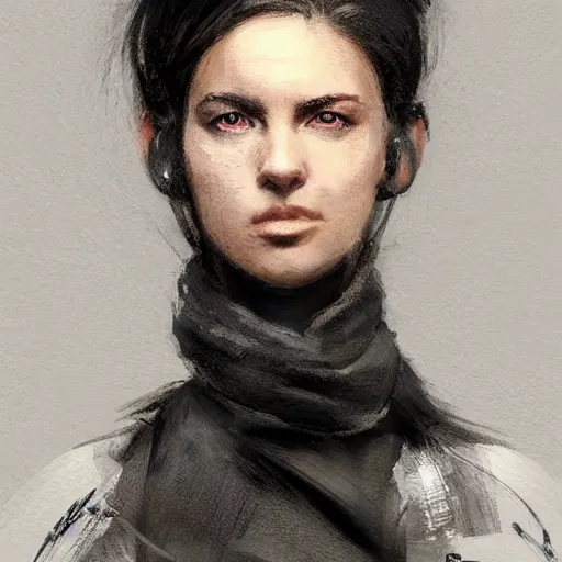 Image similar to Portrait of a woman by Greg Rutkowski, she is about 20 years old, round face, mixture between german and russian, black bob hair, attractive, determined but resentful look, she is wearing futuristic military fatigues with a black scarf, highly detailed portrait, scifi, digital painting, artstation, concept art, smooth, sharp foccus ilustration, Artstation HQ.