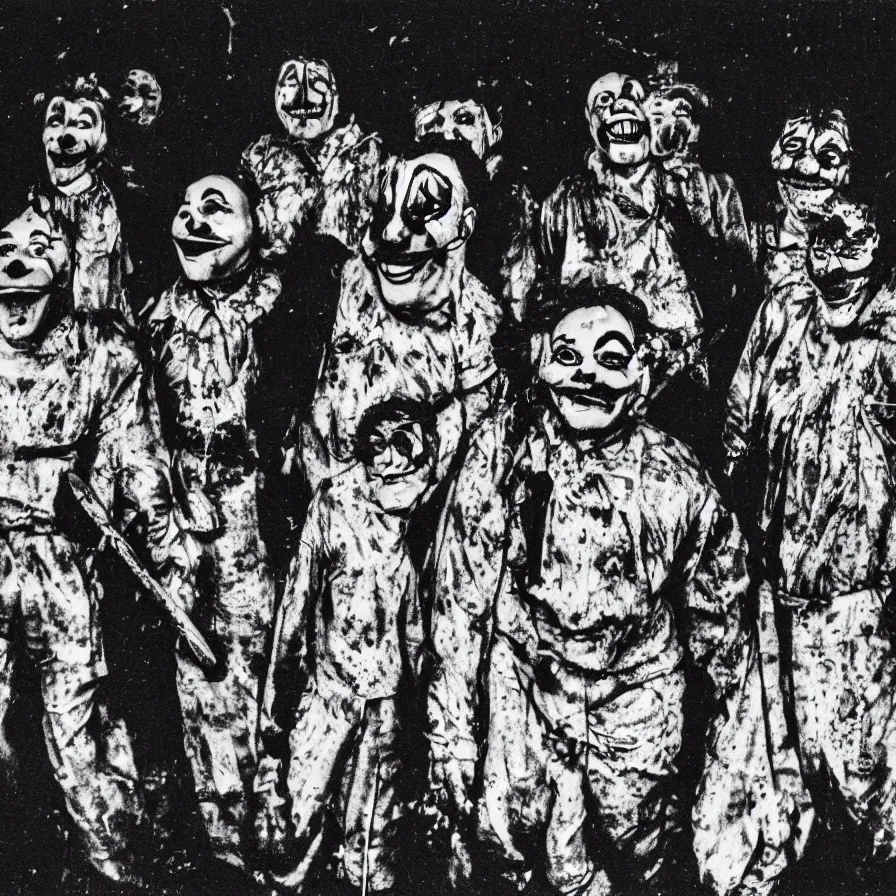 Prompt: distorted 1 3 mm film photograph of a group of clowns in a field holding machetes at night, liminal, dark, thunderstorm, dark, flash on, blurry, grainy, ominous lighting