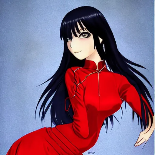 Image similar to a beautiful anime woman with long black hair, wearing a red cheongsam, full body art by Steve Argyle