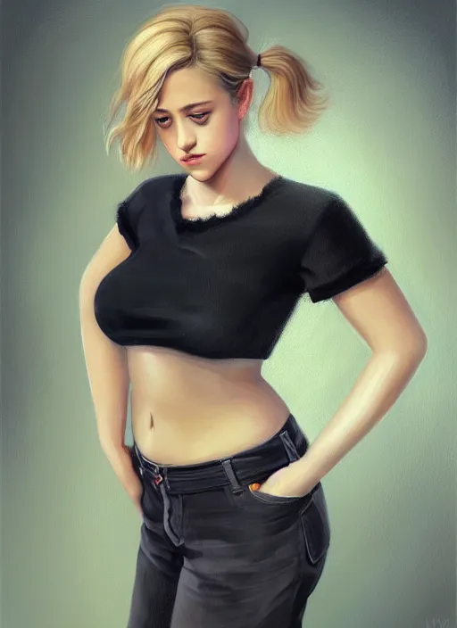 Image similar to full body portrait, teenage lili reinhart, blonde hair, obese, bangs, ponytail, sultry, realistic, sultry smirk, fluffy bangs, curly bangs, fat, belly, intricate, elegant, highly detailed, digital painting, artstation, concept art, smooth, sharp focus, illustration, art by wlop, mars ravelo and greg rutkowski