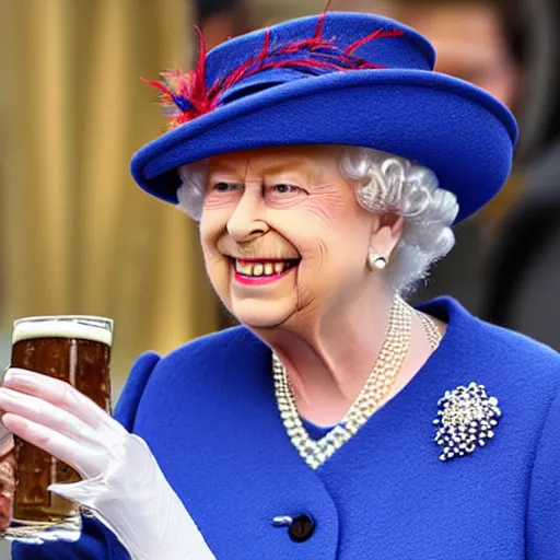 Image similar to Queen Elizabeth drinking beer from a shoe