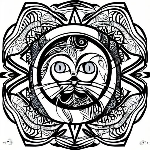 Prompt: tattoo sketch of a cat hugging the sun, on a canva, polynesian style, ornamental, line art, vector,