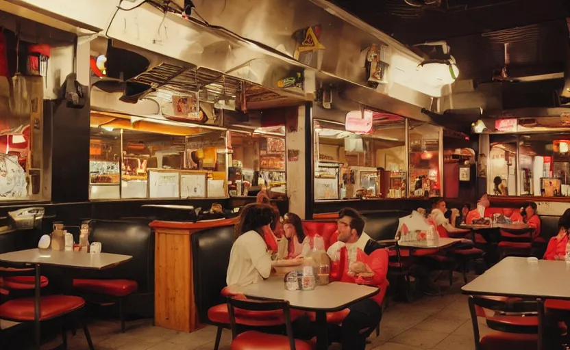 Prompt: a picture of the inside of a late night diner, in the middle of the night in the big city