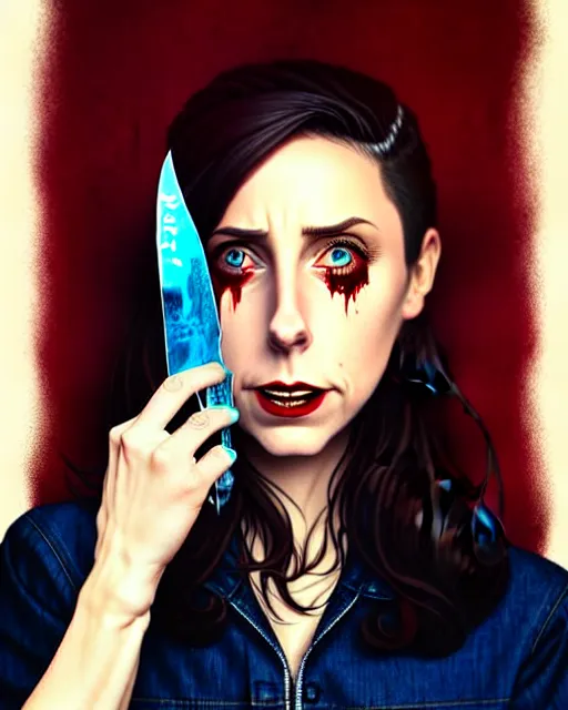 Image similar to loish, artgerm, Joshua Middleton art, Rafeal Albuquerque, pretty Alison Brie serial killer holding bloody knife in right hand realistic hand, blood on clothes and face, sarcastic smile, symmetrical eyes, symmetrical face, jean jacket, jeans, short blonde hair, middle shot, night time, deep blacks