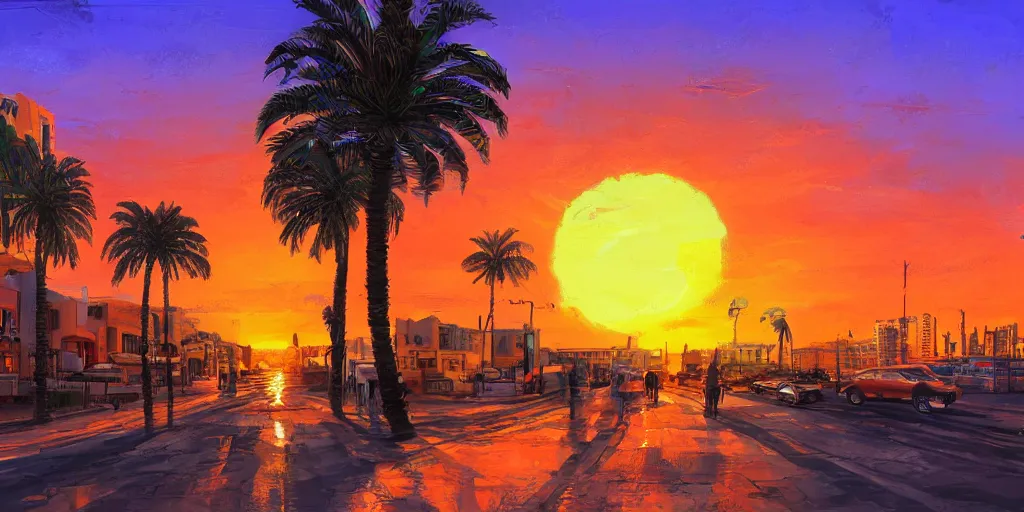 Prompt: sunset over the streets of tel aviv. colorful. highly detailed. palm trees. dogs. 8 k. artstation trending. concept art. digital painting