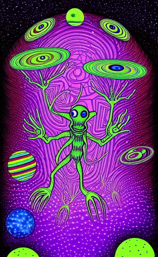 Prompt: trippy psychedelic aliens in space above a planet with a forest by david normal