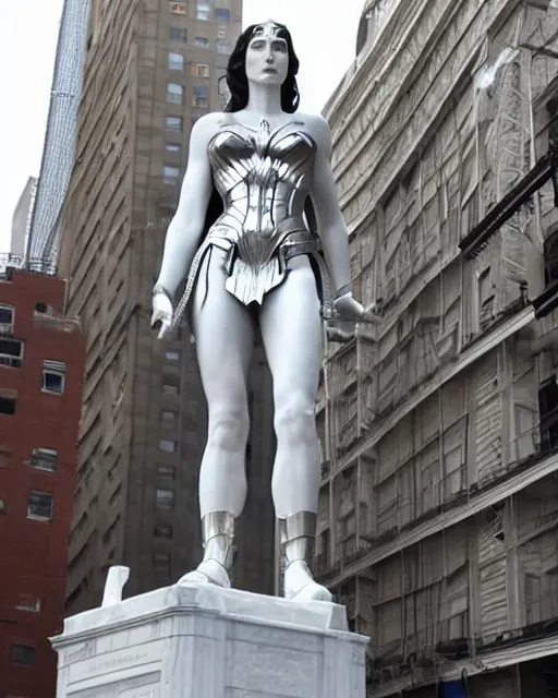 Image similar to a gigantic 500 foot tall white marble statue of Gal Gadot as Wonder Woman surrounded in scaffolding in downtown NYC