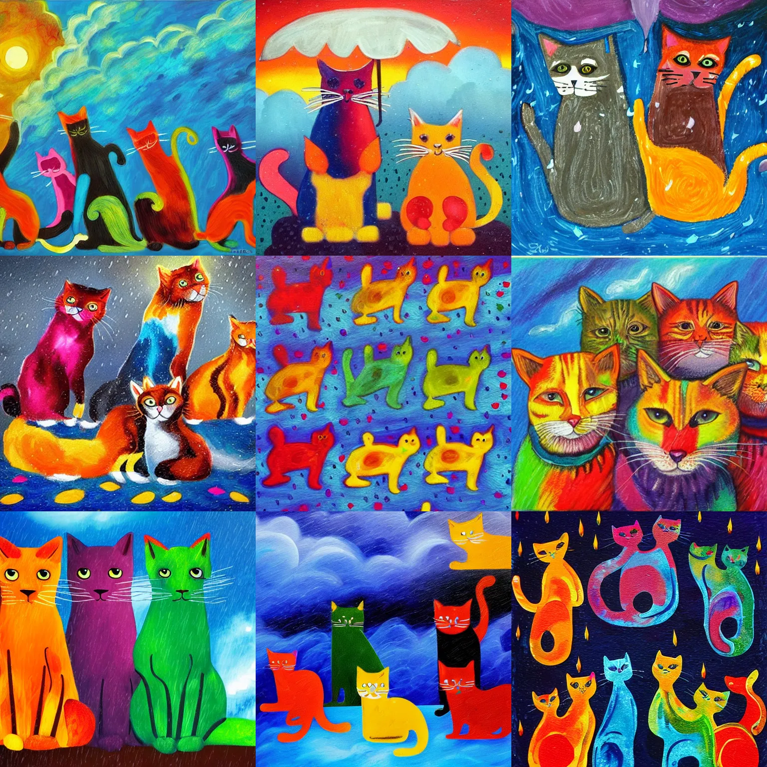 Prompt: colorful cats in the middle of the storm, thunder, lightning