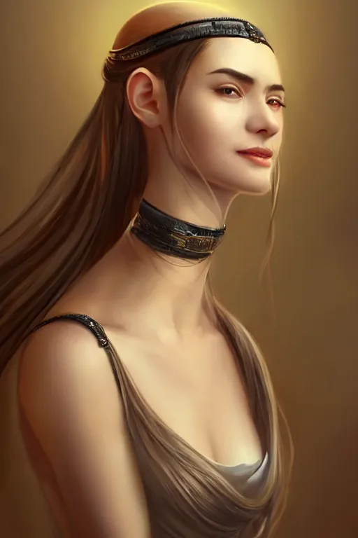 Image similar to a full body portrait of a gorgeous female monk, D&D, choker on neck, face visible, stylish dress, very long flowing hair, intricate, elegant, stylish, cute slightly nerdy smile, mouth slightly open, fantasy, highly detailed, digital painting, artstation, concept art, smooth, sharp focus, illustration, art by artgerm and greg rutkowski and alphonse mucha