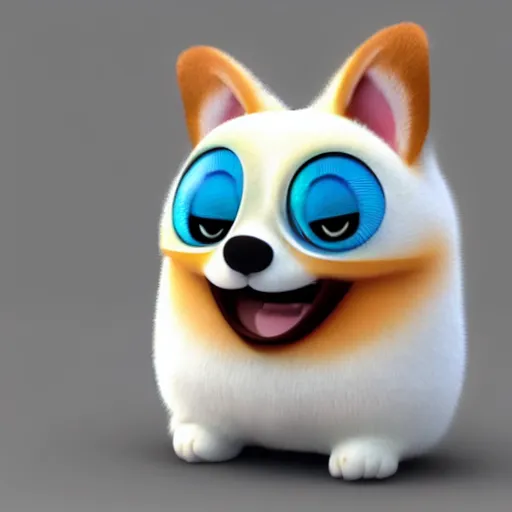 Image similar to cute happy corgi furby, pixar, 3 d render, concept art