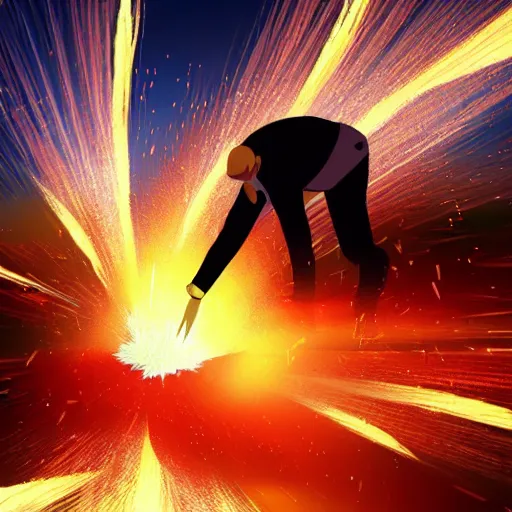 Prompt: man hitting the ground creating a explosion, anime