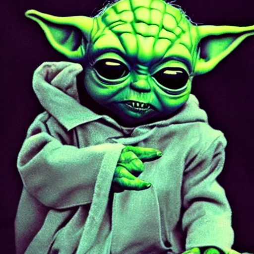 Image similar to baby yoda became bloody ugly lovecraftian degenerate abomination, photo - realistic, color image, 2 k, highly detailed, bodyhorror, occult art, by giger