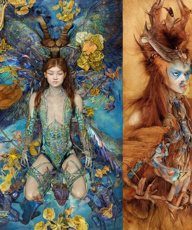 Image similar to a portrait photograph of a meditating fierce sadie sink as a colorful harpy antilope super hero with blue spotted skin with scales. she is being transformed into a alien amphibian. by donato giancola, hans holbein, walton ford, gaston bussiere, peter mohrbacher and brian froud. 8 k, cgsociety, fashion editorial