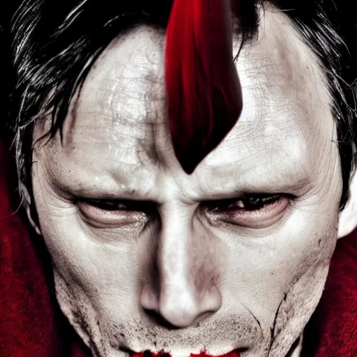 Image similar to mads mikkelsen as a vampire, male, late - 4 0 s aged, shoulder length, slicked black hair, red eyes, clean shaven, wearing a cape, regal, royal, grim facial expression, high medieval fantasy, full color digital art, cinematic shot, full body shot.