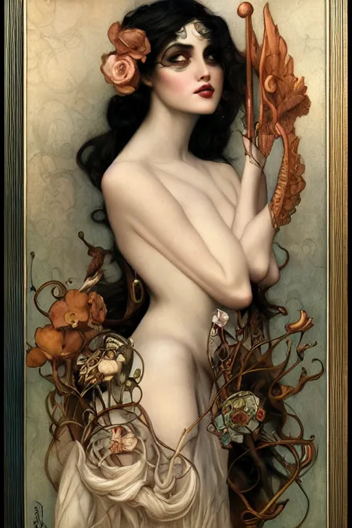 Image similar to by Tom Bagshaw in the style of Gaston Bussière, art nouveau, art deco