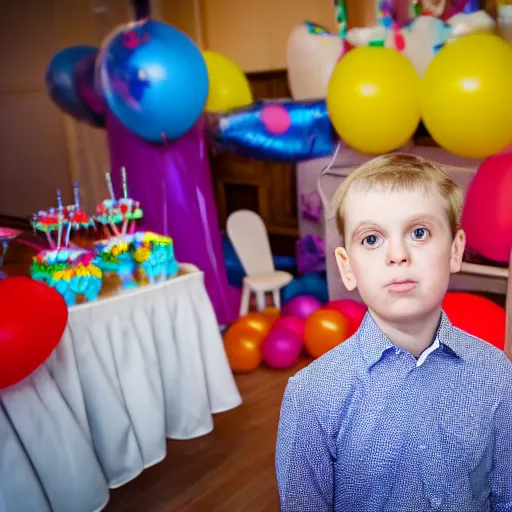 Prompt: prince andrew looking nervous at a children's birthday party, cake, balloons, wide angle, 14mm