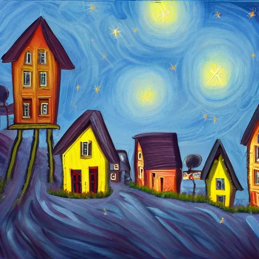 Image similar to a painting of a small village with crooked wooden houses designed by Tim Burton, the village is on a hill, the sky is dark with stars shining through, 4K,