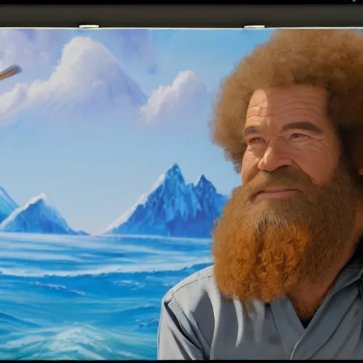 Image similar to a closeup photorealistic photograph of bob ross working on a canvas painting of aquaman. film still. brightly lit scene. mountains and trees. this 4 k hd image is trending on artstation, featured on behance, well - rendered, extra crisp, features intricate detail, epic composition and the style of unreal engine.