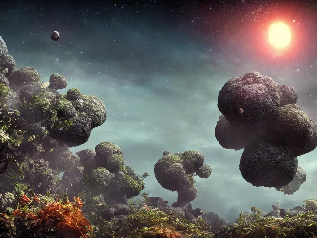 Image similar to an asteroid floating in open deep space with overgrown mushrooms on it, cryengine, deep color, hyperrealistic, ultradetailed, atmospheric crystal dust