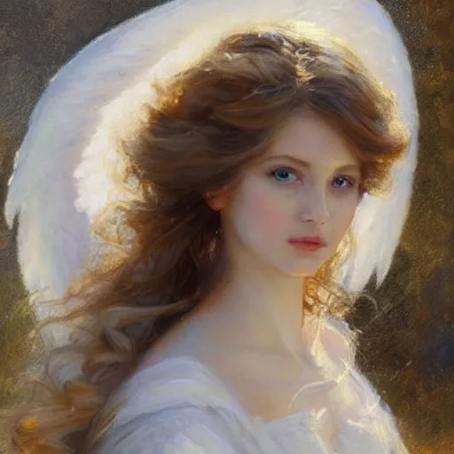 Prompt: a beautiful portrait of an angel with pretty face and her huge white wings spread out painted by gerhartz, highly detailed, beautiful illumination, graceful and elegant,.