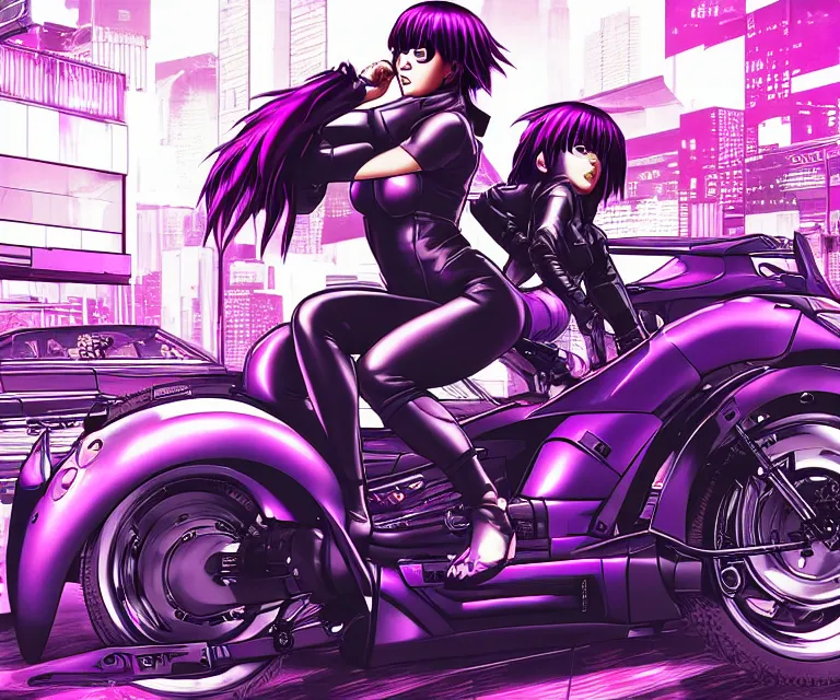 Image similar to motoko kusanagi riding a cyberpunk vehicle in a grungy cyberpunk megacity, bosozoku gang war, cyberpunk vaporwave, by phil jimenez, artgerm, sola digital arts, anti aliasing, raytracing