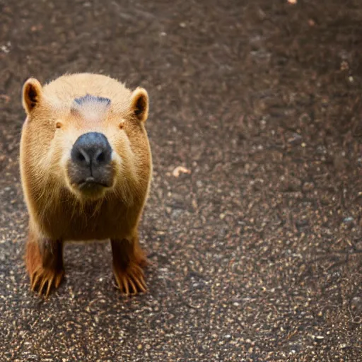 Image similar to a high detail photo of an antropomorphic capybara wearing a suit, subject= duck, subject detail: wearing a suit, photorealism