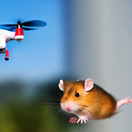 Prompt: a scared hamster flying on a drone in the air