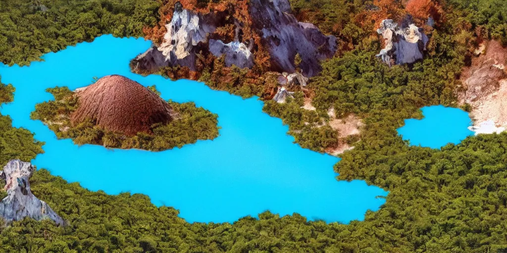 Prompt: Beautiful hyperrealistic detailed matte painting of the crater turquoise lake in destroyed amazonian burned and cuted jungle, aerial view, view from above, summer, sea breeze rises in the air, by andreas rocha and john howe, and Martin Johnson Heade, featured on artstation, featured on behance, golden ratio, ultrawide angle, f32, well composed, cohesive.