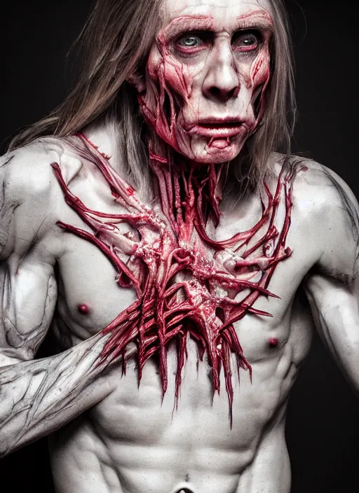 Image similar to Ghostemane with translucent skin, visible muscles and veins and arteries and bones and spines and nerves, beautiful detailed intricate insanely detailed octane render, 8k artistic photography, photorealistic, chiaroscuro, by David Cronenberg, Raphael, Caravaggio