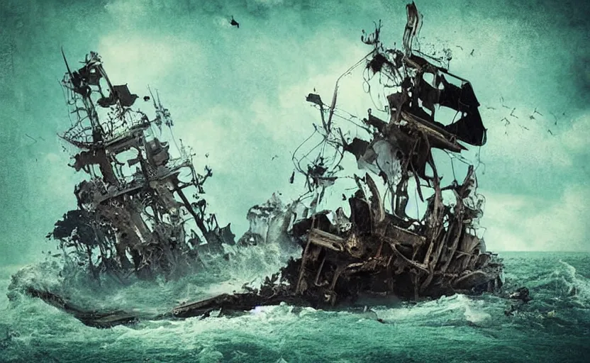 Image similar to “Pirate ship wreck falling from the sky, digital art, cinematic, award winning”