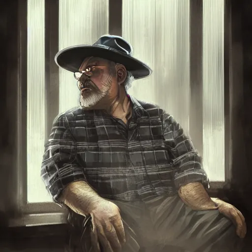Image similar to portrait of an overweight 55 year old man with short gray hair and a round gray beard, wearing a checkered shirt and a wide brimmed hat, dramatic lighting, illustration by Greg rutkowski, yoji shinkawa, 4k, digital art, concept art, trending on artstation