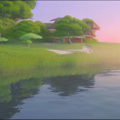 Prompt: a serene landscape with a singular building near a lake at sunrise ， pixar style ， ghibli studio anime style ， 8 k hdr ， octane render ， unreal engine ， - w 1 0 2 4