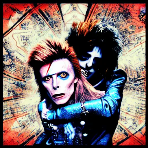 Image similar to david bowie from labyrinth getting a piggy back ride from ziggy stardust, digital art, glam rock. pop art background.