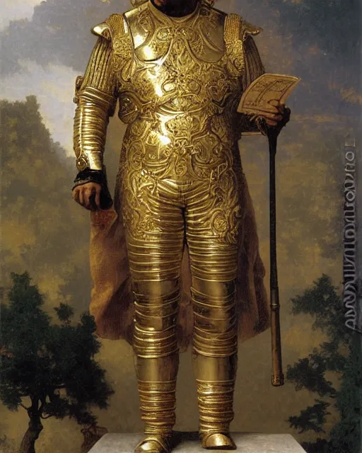 Prompt: brilliant albert einstein, dressed in ornate, detailed, intricate golden armor, surrounded by mathematical equations, detailed oil painting by william adolphe bouguereau