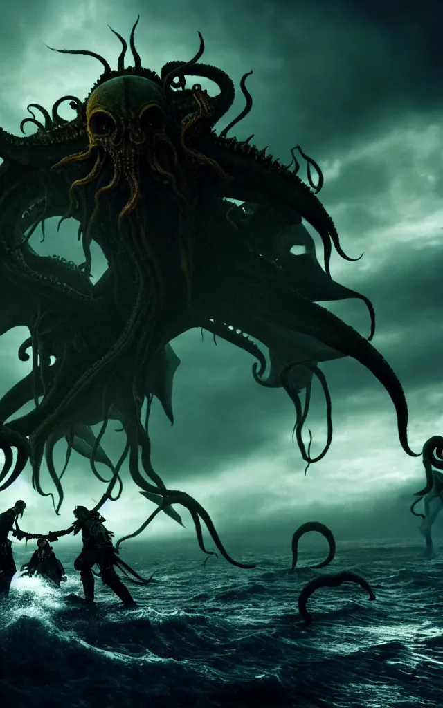 Image similar to pirates fighting cthulhu, cinematic atmosphere, maximized, high detail, 8k, ornate, dark fantasy, masterpiece, complex, film still from the movie directed by Denis Villeneuve