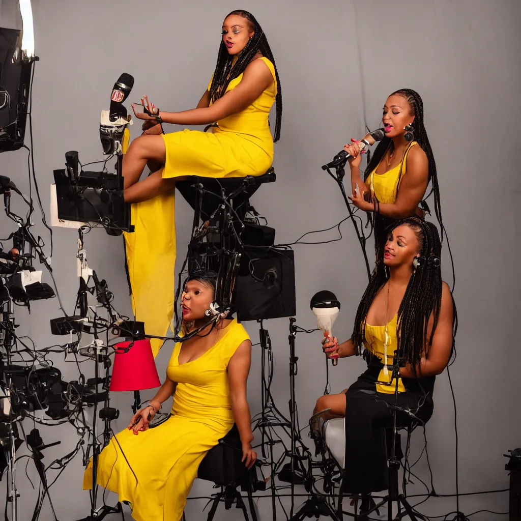 Prompt: a light-skinned black woman wearing cornrows sings into a microphone in a studio. She is wearing a red dress, sitting on a stool, and 4 or 5 yellow lamps are hanging around her. In the style of Bijou Karman