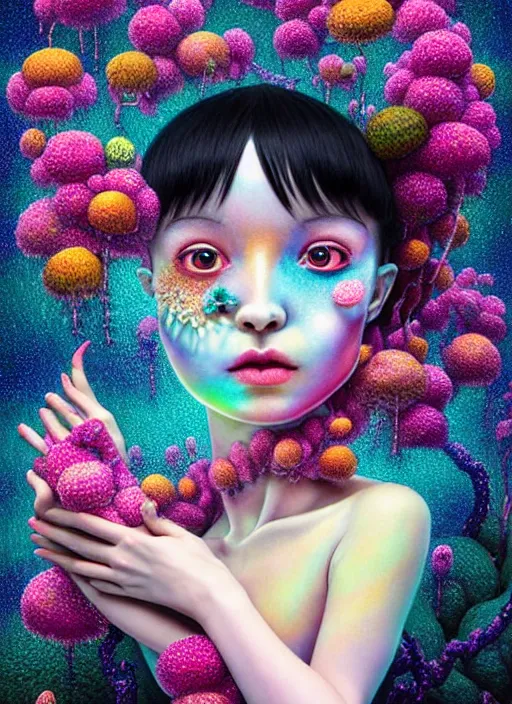 Prompt: hyper detailed 3d render like a Oil painting - kawaii portrait Aurora (black haired Fae acrobat) seen Eating of the Strangling network of yellowcake aerochrome and milky Fruit and Her delicate Hands hold of gossamer polyp blossoms bring iridescent fungal flowers whose spores black the foolish stars by Jacek Yerka, Mariusz Lewandowski, Houdini algorithmic generative render, Abstract brush strokes, Masterpiece, Edward Hopper and James Gilleard, Zdzislaw Beksinski, Mark Ryden, Wolfgang Lettl, hints of Yayoi Kasuma, octane render, 8k