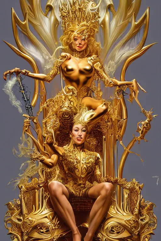 Image similar to airbrush painting of an amazing magic golden queen seated over a fantasy throne, by hajime sorayama and boris vallejo, realistic, hyperdetailed, centered, trending on artstation,