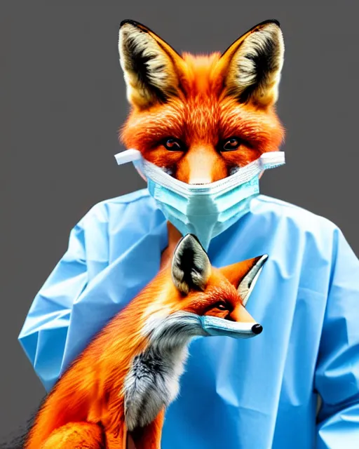 Image similar to photorealistic photo of anthropomorphic female fox animal dressed in labcoat, surgical mask covering mouth, putting on surgical gloves, fox animal, hospital in background, oil painting, 8 5 mm f / 1. 4