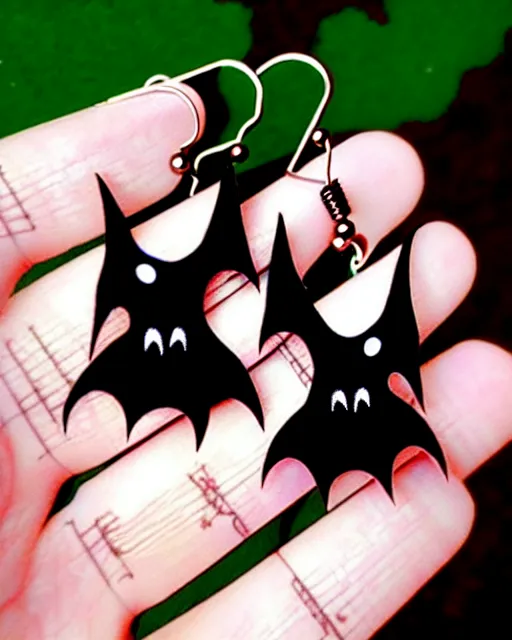 Image similar to spooky cartoon bat, 2 d lasercut earrings, in the style of tim burton