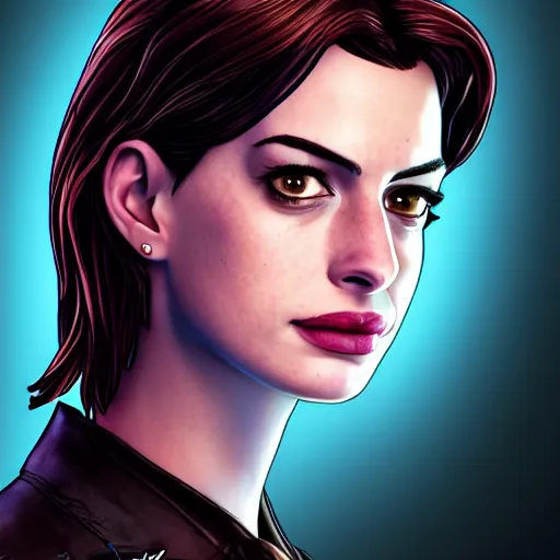 Prompt: anne hathaway portrait, borderlands, tales from the borderlands, the wolf among us, comic, cinematic lighting, studio quality, 8 k