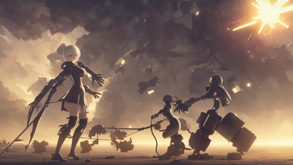 Image similar to 2 b nier automata fighting a robot, art by moebius, starry sky, gorgeous clouds, god rays, fantasy art, octane render, ureal engine, high detail, alphonse mucha, greg rutkowski, james gurney, johannes voss