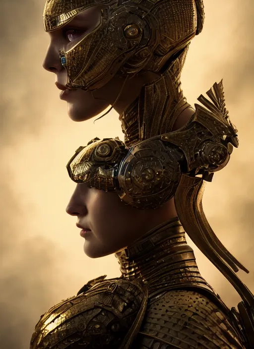 Image similar to hyperrealistic mixed media portrait of a beautiful armored warrior woman, stunning 3d render inspired art by Michael Parkes + perfect facial symmetry + dim volumetric lighting, 8k octane beautifully detailed render, post-processing, extremely hyperdetailed, intricate, epic composition, grim yet sparkling atmosphere, cinematic lighting + masterpiece, trending on artstation