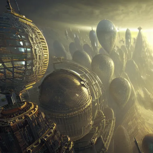 Image similar to enormous flying city in a faberge egg, sky, steampunk, fantasy art, masterpiece, hugh ferriss, unreal engine 5, peder balke